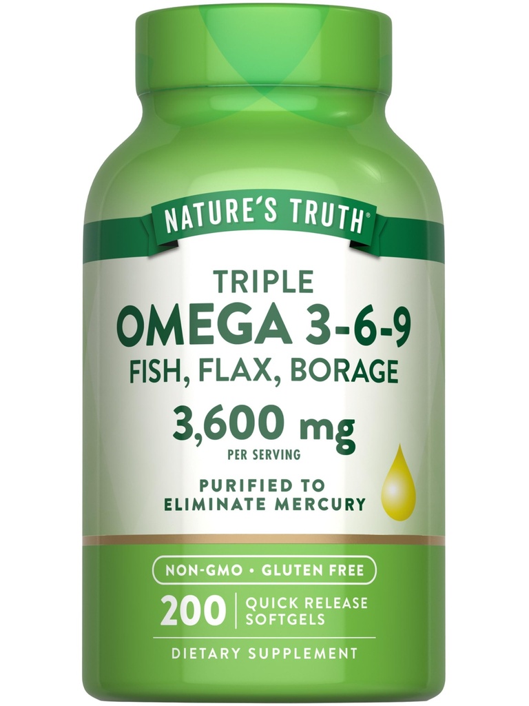 Nature 's Truth Triple Omega 3 6 9 Meadro 124; 3600mg Meadro 124; 200 Softgels Meadro 124; Fisk, Hør, og Borage Oliils Meadro 124; Non- GMO & Gluten Free Supplement