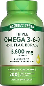 Nature 's Truth Triple Omega 3 6 9 Meadro 124; 3600mg Meadro 124; 200 Softgels Meadro 124; Fisk, Hør, og Borage Oliils Meadro 124; Non- GMO & Gluten Free Supplement