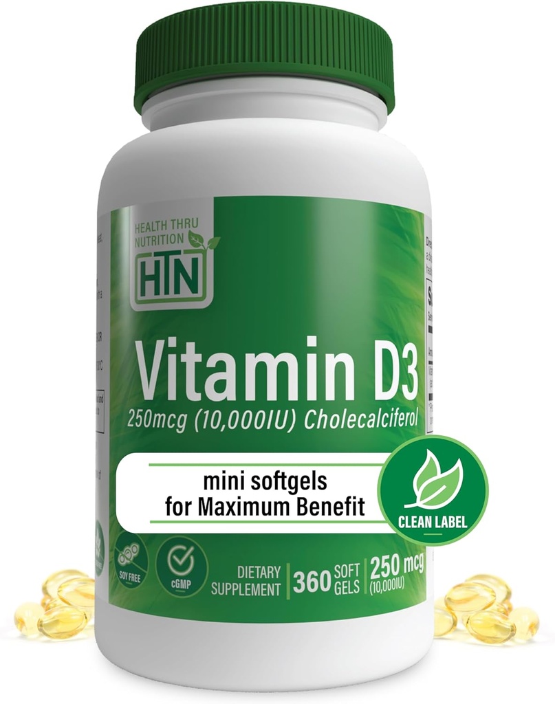 Health Thru Nutrition Vitamin D3 10,000iu 360 Mini Softgels for Maximum Benefit Year Supply Memory 124; 250mcg Cholecalciferol Memory 124; 3rd Party Testet Memory 124; Non- GMO USP Grade i Organic EVOO Budd124; Immunforsvar Støtte