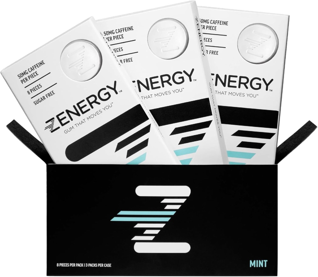ZENERGY Energy Gum - Mint Flavor Buddy 124; 50mg koffein + 35% B6 og 45% B12 Vitamin Buddy 124; Vegan, 0 Sukker, 0 Kalorier, 0 Gluten, 0 Aspartam, Non- GMO, Instant Action Buddy 124; 3 Pack = 24 Tæl