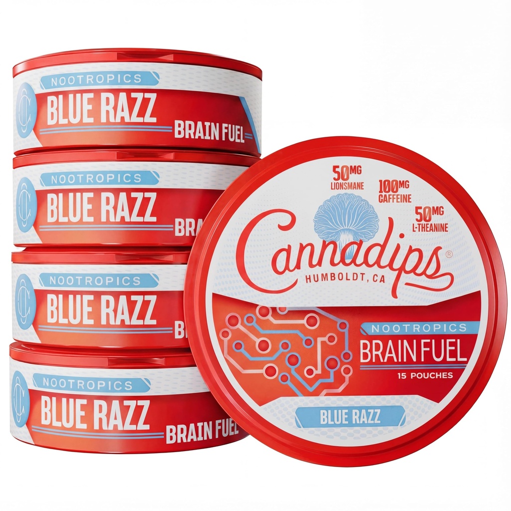 Cannadips - Blue Razz Energy Pouches - Nootropic Caffeine Pouches - 50mg Lion's Mane, 100mg Caffeine, 50mg L-Theanine, No Sugar - Clean Brain Fuel for Cognitive Performance - Made in USA (5-Pack)