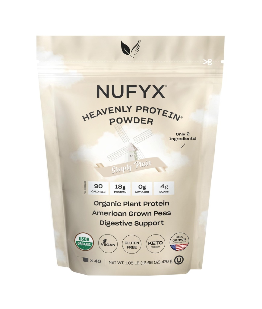 NUFYX® Family Owned Protein Powder, Organic Plant-Based, Made with 100% USA Grown Peas, 18g Protein for 90 Calories, Only 2 Ingredients, Digestive Support (Simply Plain, 40 Scoops)