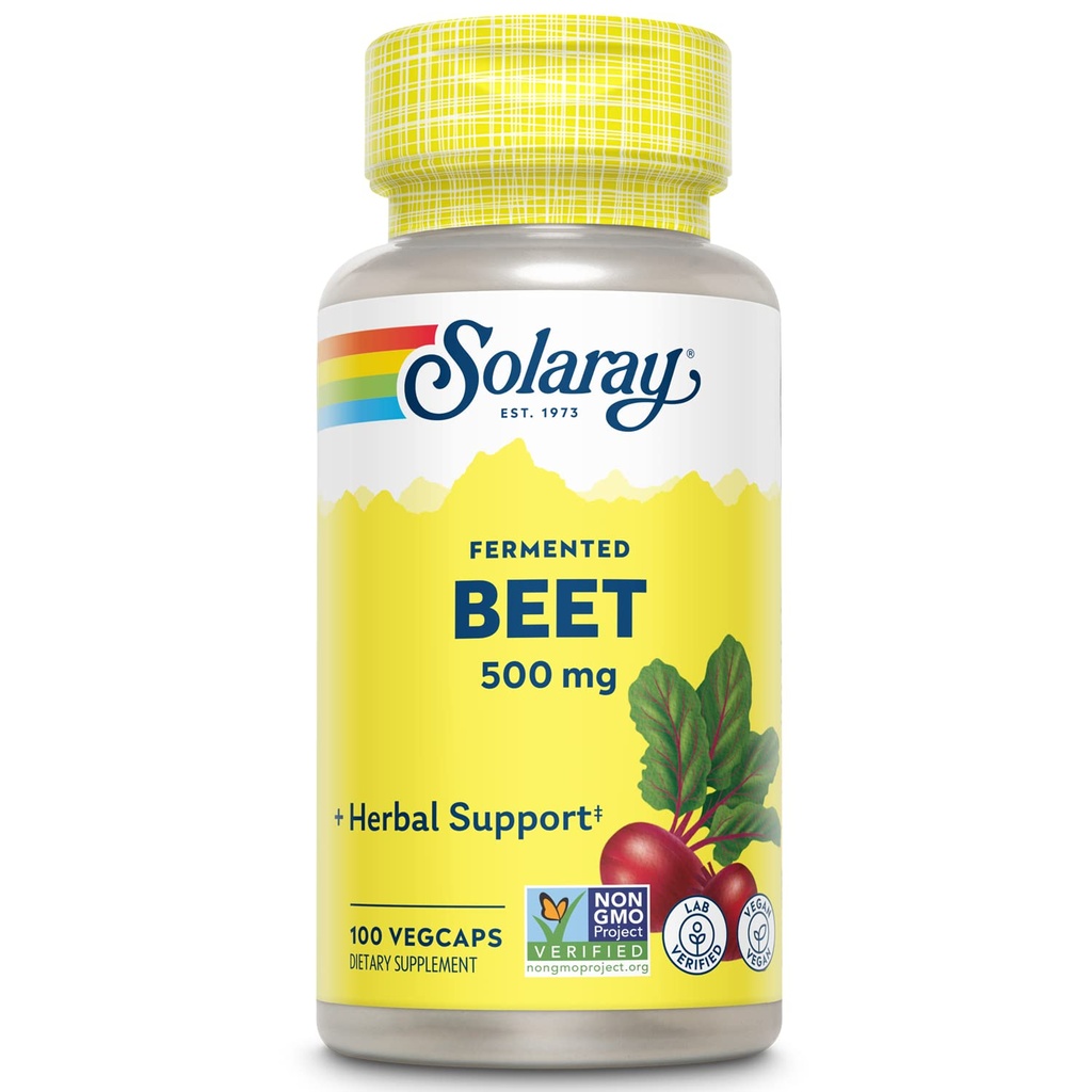 SOLARAY Fermented Beet Root Extract fra Organic Beets - Beet Root Capsules Traditionally Bruges for Energy, Endurance, Blood Flow, Heart Health Support - Vegan, Non- GMO, 60- Day Garanti, 100 VegCaps