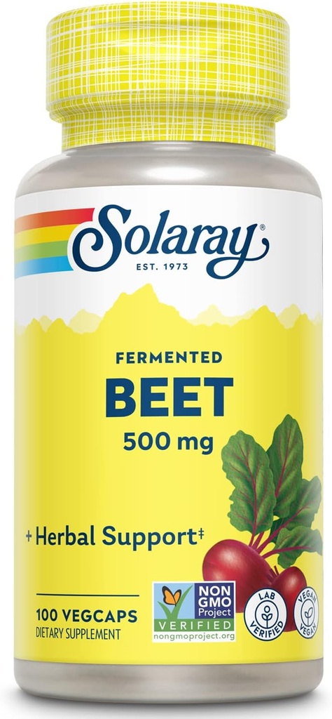 SOLARAY Fermented Beet Root Extract fra Organic Beets - Beet Root Capsules Traditionally Bruges for Energy, Endurance, Blood Flow, Heart Health Support - Vegan, Non- GMO, 60- Day Garanti, 100 VegCaps