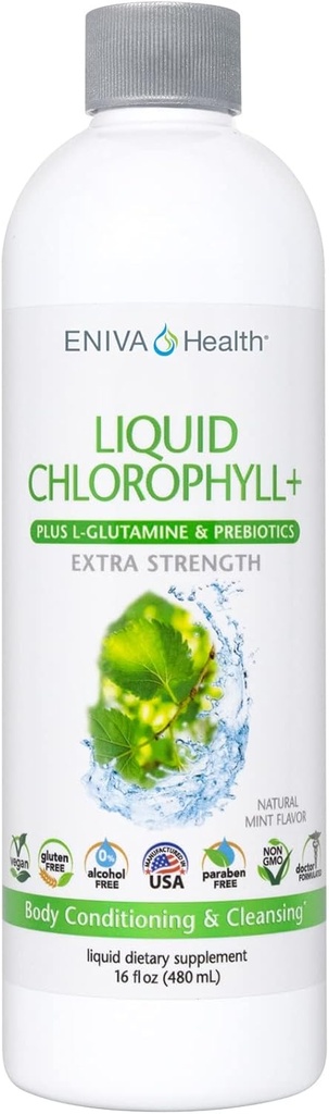 Eniva Health Liquid Chlorophyll Super Greenly Budd124; 24K MG med Prebiotic & L- Glutamin- 124; Mint Flavor Budd124; Hud, Immunitet, energi, Detox, Gut Health Budd124; Vegan, Gluten & Alcohol- Free