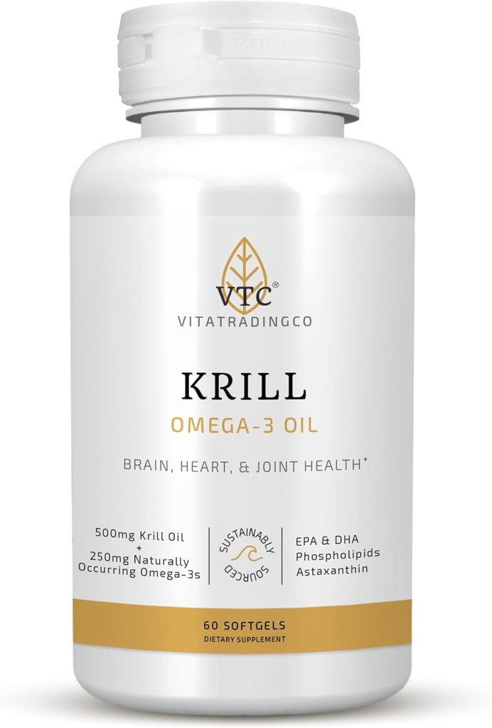 VTC VitaTradingCo. Krill Omega-3 Oil Supplemented 124; 100mg Pure Antarctic Neptun Krill Oil (NKO) - 124; EPA & DHA Astaxanthin - 124; Brain, Heart, Joint & Eye Support - 124; 60 Softgels