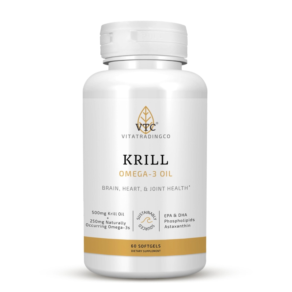 VTC VitaTradingCo. Krill Omega-3 Oil Supplemented 124; 100mg Pure Antarctic Neptun Krill Oil (NKO) - 124; EPA & DHA Astaxanthin - 124; Brain, Heart, Joint & Eye Support - 124; 60 Softgels