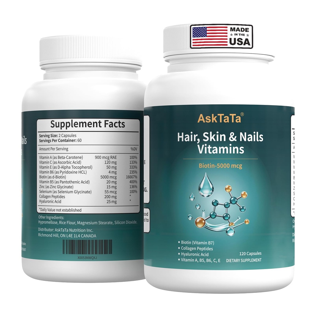 Women’s Hair Skin & Nails Vitamins Supplement,with Biotin,Collagen Peptides,Hyaluronic Acid,Vitamin A, C, E, B5,B6,Helps Maintain Skin Moisture and Suppleness,Support Hair Nails Health,120 Capsules