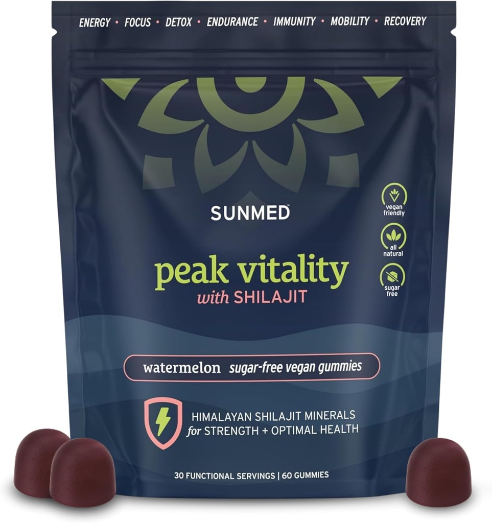 Peak Vitality Himalayan Shilajit Gummies for Strength, Energy & Optimal Health - Sugar- Free, Vegan, All- Natural - Kognitiv Fokus, Inddrivelse, Immunitet - Watermelon Flavor, 60ct