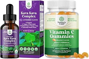 Bundle of Potent Liquid Kava Kava Drops Supplement med Kavalactoner til Balanced Mood og Chewable Vitamin C Gummier for voksne - Ascorbic Acid Natural Immunobooster og Natural Cold Remedy