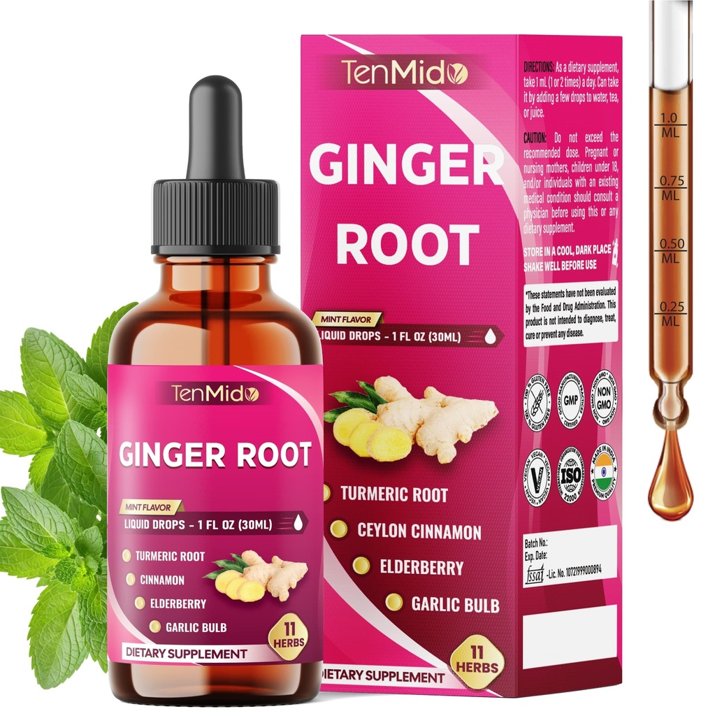 11in1 Ginger and Turmeric Supplements Liquid Drops with Ceylon Cinnamon, Elderberry, Garlic, Fennel, Slippery Elm, Dandelion, Ginkgo Biloba, Cayenne Pepper, and Black Pepper - 30ml 1 Fl Oz