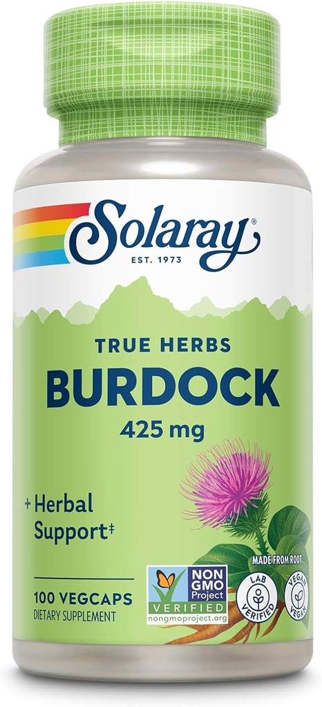 SOLARAY Burdock Root 425 mg - Sund lever, Nyre, fordøjelse, cirkulation, Joint & Skin Support - Antioxidant Aktivitet - Non- GMO - 100 VegCaps
