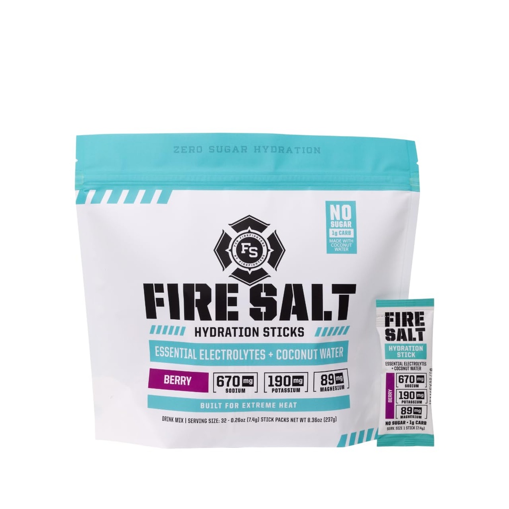 Brand Science Fire Salt Hydration Sticks, Elektrolyter & kokos vand, Hydration Drink Mix med Magnesium, Kalium & Natrium, Zero Sugar, Single Serve On the Go Packs, Berry Flavor, 32 Greve