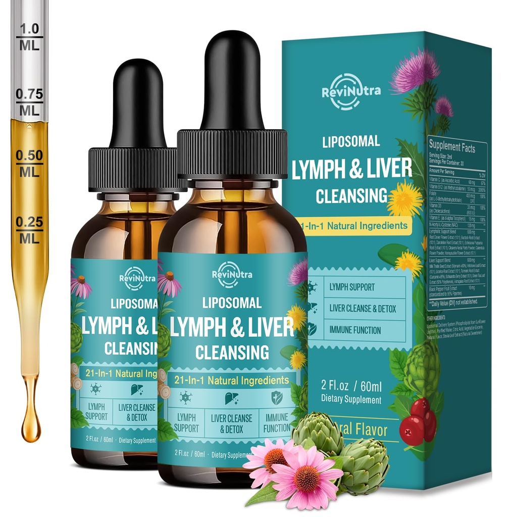 2 Pack Liposomal Lymphatic Drainage Drops, Liver Cleanse Detox & Repair Liquid Supplement with Milk Thistle, Dandelion, Burdock Root - Lymph & Liver Detox, Antioxidant, Natural Flavor 4 Fl Oz