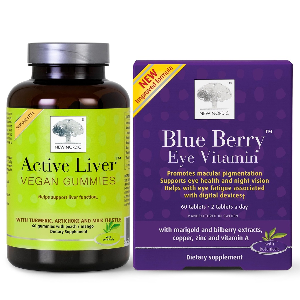 NEW NORDIC Liver & Eye Support Bundle, Active Liver Gummies with Milk Thistle Plus Blue Berry Eye Vitamin Tablets
