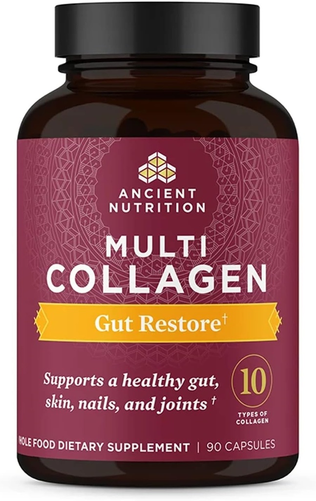 Ancient Nutrition Collagen piller med Probiotika til Gut Sundhed, Multi Collagen kapsler Gut Restore 90 Ct, Understøtter Gut, Joints, Hår & Nails, Gluten Free, Paleo og Keto Friendly