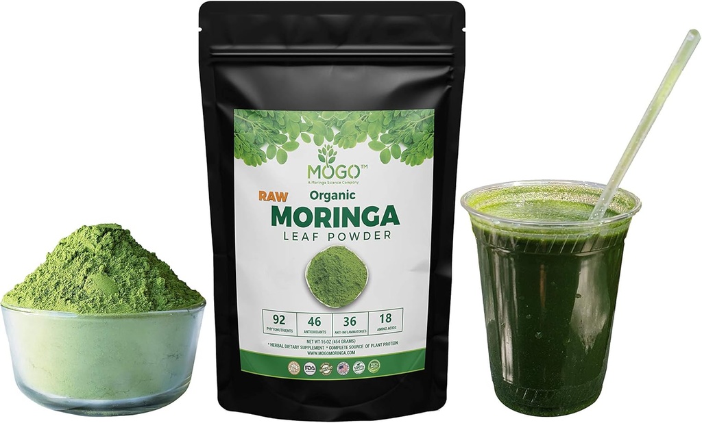 MOGO - Organic Moringa Leaf Powder 1 LB og Moringa Capsule - 180 Greve