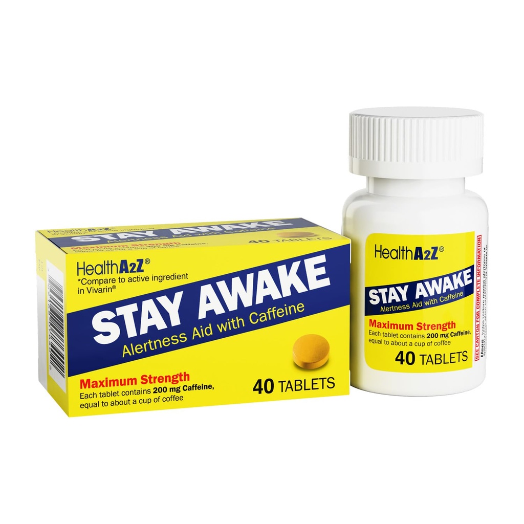 HealthA2Z® Stay Awake, Caffeine 200mg, Maximum Strength Alertness Aid, 40 Tablets