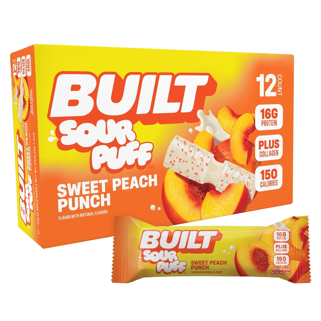 BUILT Sour Puff Protein Bar, Sweet Peach Punch, 16g Protein - 12 Count | Sour Gummy, Candy-like Protein Snack Bar with Collagen, Calorie Conscious, Gluten Free