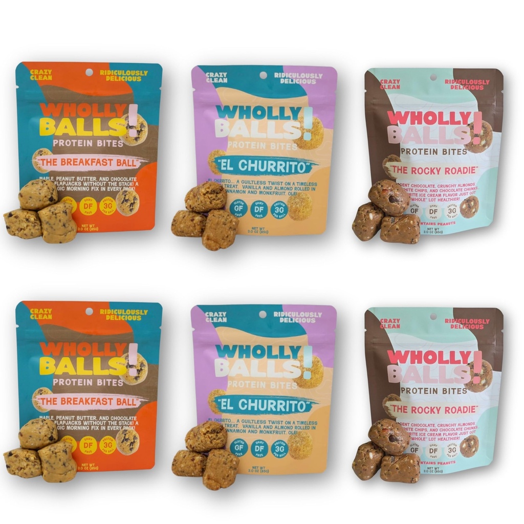 Wholly Balls Protein Bites – Healthy Plant-Based Snack – High Protein, Low Sugar, Gluten-Free Energy Balls (Pack of 6, Triple Threat)