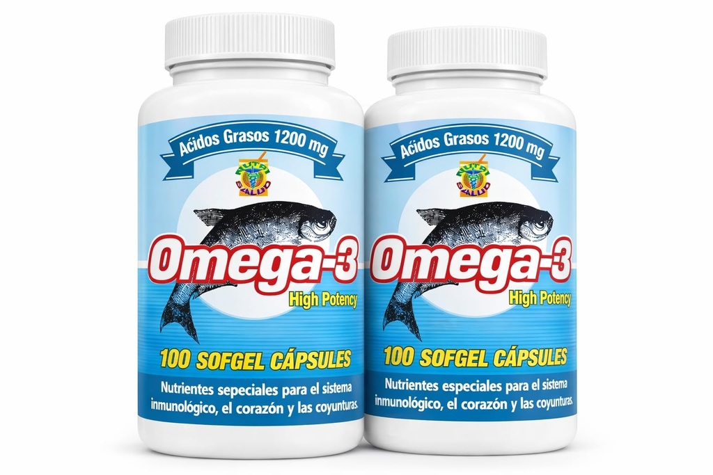 Omega 3 Capsulas de Alta Potencia. Set de 2 frascos con 100 capsulas c/u. para las arterias, coyunturas, bajar el colestereol malo. Tratamiento para 6 Meses.