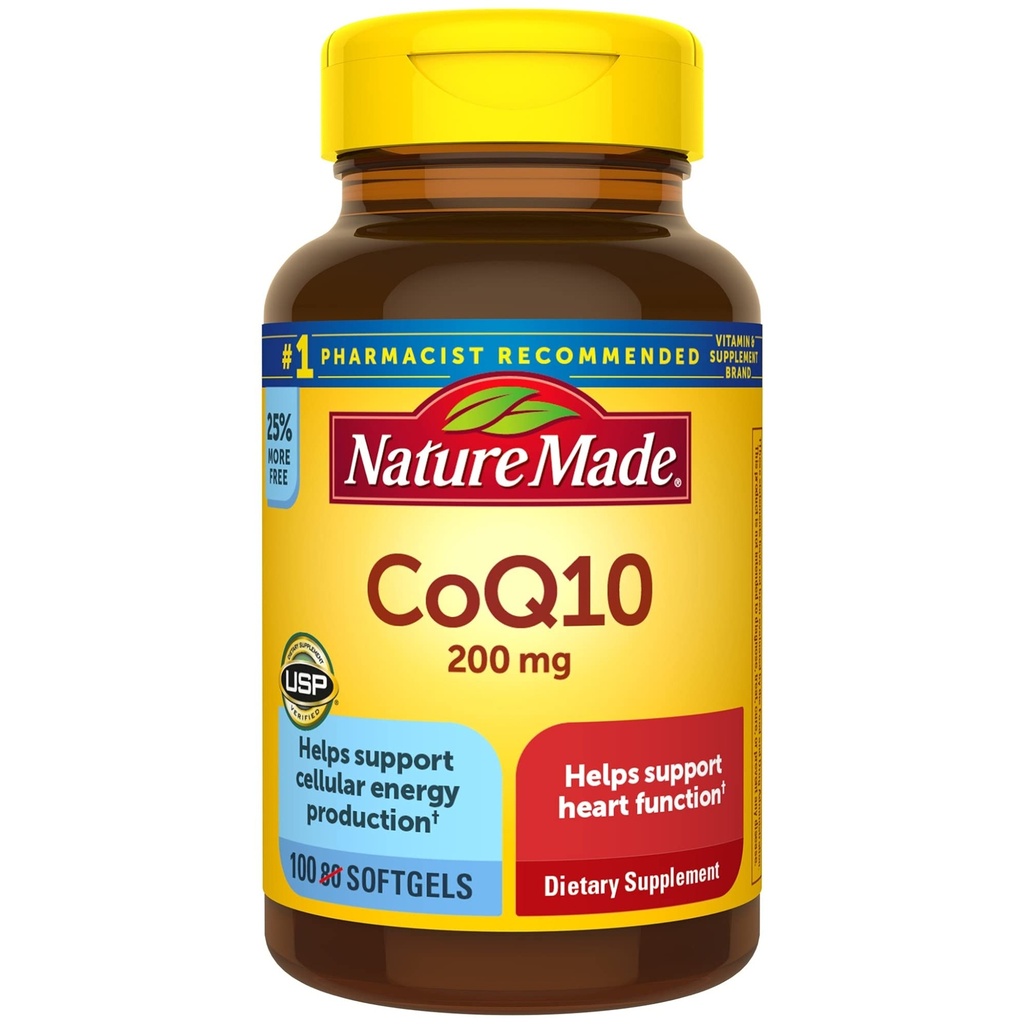 Nature Made CoQ10 200 mg, Kosttilskud til hjerte sundhed og cellulær energiproduktion, 100 Softgels, 100 dages forsyning