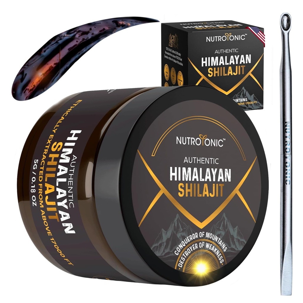 NutroTonic ® Autentisk Himalayan Shilajit Resin for Mænd og Kvinder - Gold Grade 86% Fulvic Acid - Wild Manufacted + 17000 FT - 40x Nano Filtreret & Sun Tørret - 3. part Lab Testet - 5g Jar