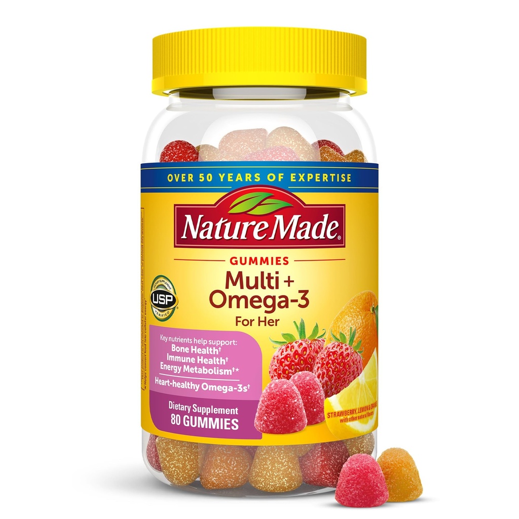 Nature Made Womens Gummy Multivitaminer med Omega-3, Multivitamin til kvinder til daglig ernæringsstøtte, 80 Gummies, 40 dages forsyning