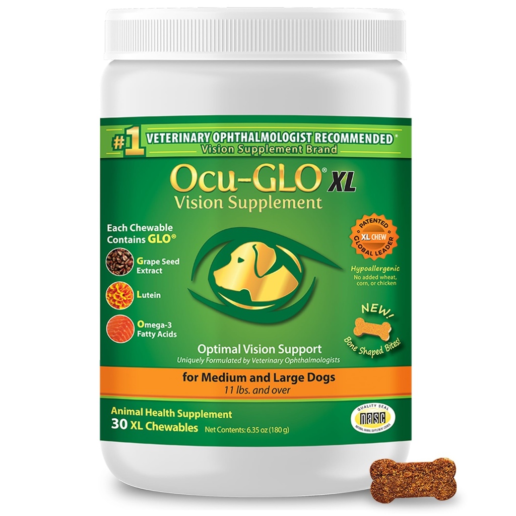 Ocu- GLO kat & hund for øje støtte - Chewable Vision supplement til store og små kæledyr pleje med Lutein, Omega-3 fede syrer, Grape Seed Extract & antioxidants 30 XL tyggemidler