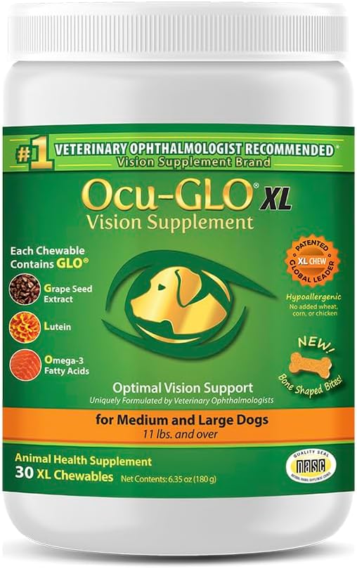 Ocu- GLO kat & hund for øje støtte - Chewable Vision supplement til store og små kæledyr pleje med Lutein, Omega-3 fede syrer, Grape Seed Extract & antioxidants 30 XL tyggemidler