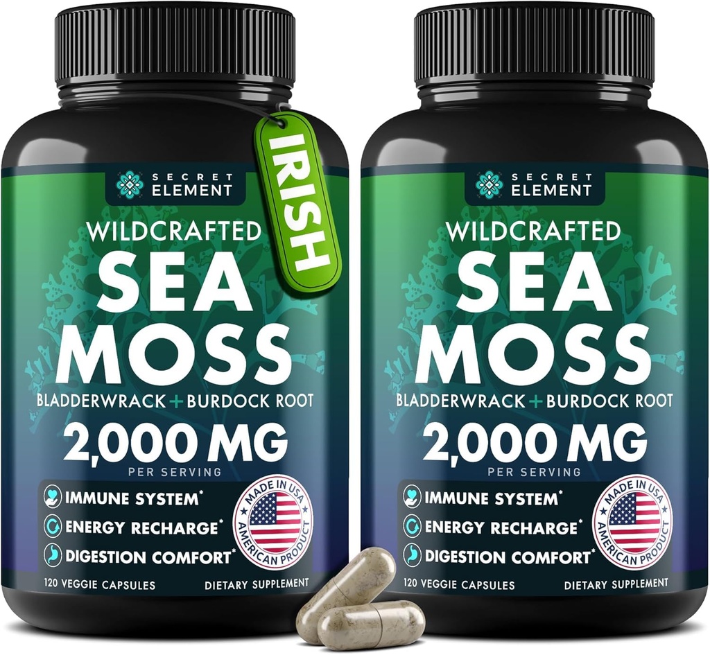 Sea Moss Capsules - Irish Sea Moss Advanced med Burdock Root, Bladderwrack & Muira Puama for Immunitet, Gut, & Energy - Superfood Sea Moss Kosttilskud w / Raw Sea Moss Powder (2 Pack)