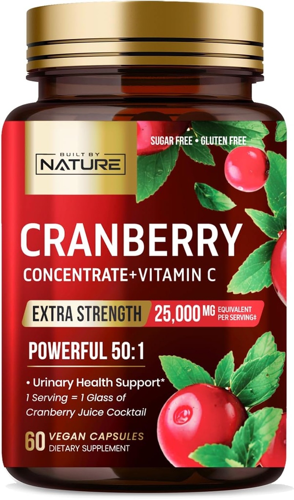 Bygget af Nature Cranberry Pills 25,000mg - Ekstra styrke 50: 1 Koncentrat Uddrag med C-vitamin - Urinære Tract sundhed supplement til kvinder - Non- GMO, Sukker fri, Vegan - 60 kapsler