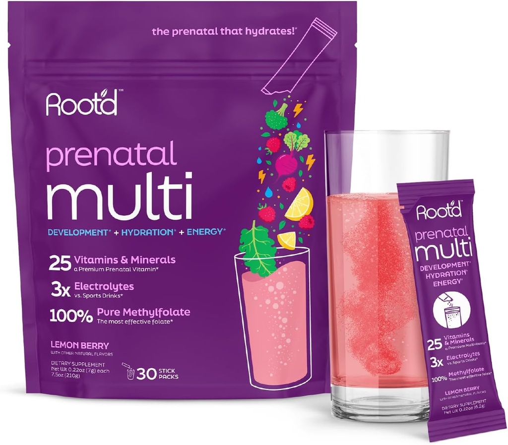Root 'd Prenatal Multivitamin Powder - 25 vitaminer og mineraler med 3x Elektrolyter, Folate, Jern, D3 for mor & baby, 7 Superfood & Probiotika, Sugar- Free Vitamin & Hydration Medic124; 30 Vitamin Drikkepakker
