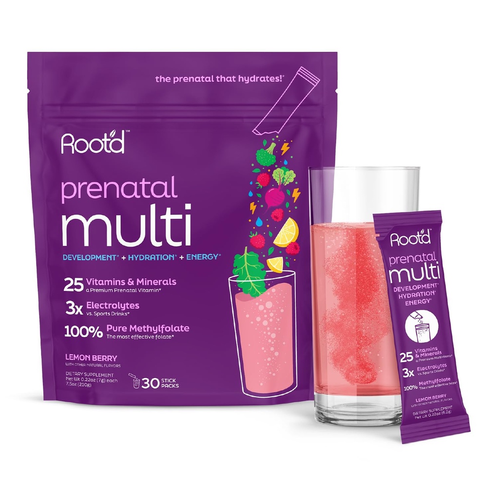 Root 'd Prenatal Multivitamin Powder - 25 vitaminer og mineraler med 3x Elektrolyter, Folate, Jern, D3 for mor & baby, 7 Superfood & Probiotika, Sugar- Free Vitamin & Hydration Medic124; 30 Vitamin Drikkepakker