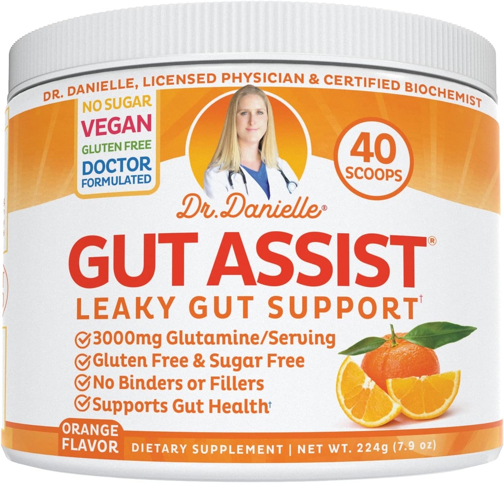 Dr. Danielle Gut Assist - Leaky Gut reparation supplement pulver - Glutamin, Arabinogalactan, Licorice Root - Understøtter IBS, Heartburn, Bloating, Gas, Forstoppelse, SIBO fra, Orange Flavor
