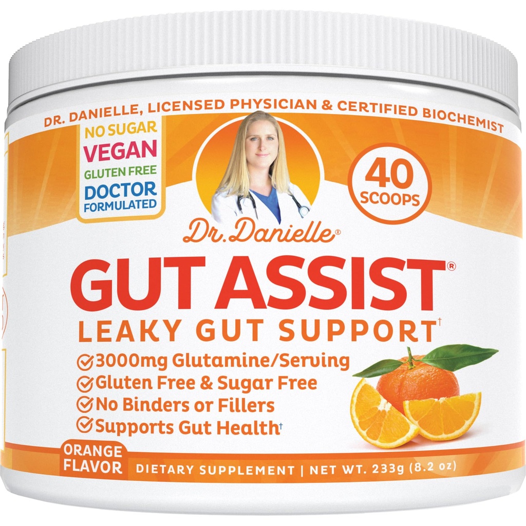 Leaky Gut Support Powder 124; L- Glutamin Gut Lining Formel 124; Gut Assist af Dr. Danielle, Orange Flavor
