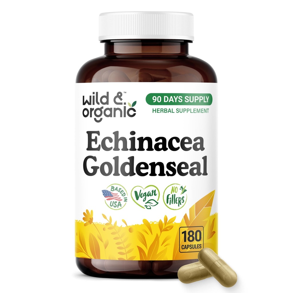 Wild & Organic Echinacea Goldenseal Capsules - Immune & Lung Support - Echinacea Extract Supplement - Hydrastis Canadensis & Purpurea - Vegan, No Fillers, Non-GMO - 180 Count