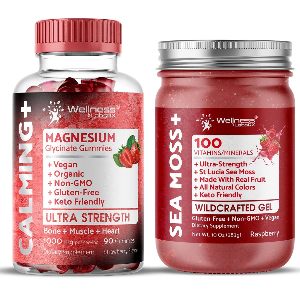 WELLNESS LABSRX Irish Sea Moss Gel Raspberry Flavor - Magnesium Glycinate Gummies 1000mg | Bundle