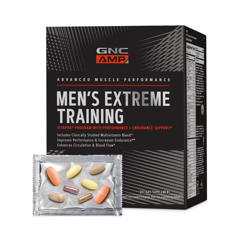 GNC AMP mænds ekstreme træning Vitapak Program, 5 Produkter i 1, Praktisk Vitamin Pack for Performance & Endurance, Voksen Multivitamin, Proven Ingredienser, Koffein, Nitrogenoxid, 30 dages forsyning