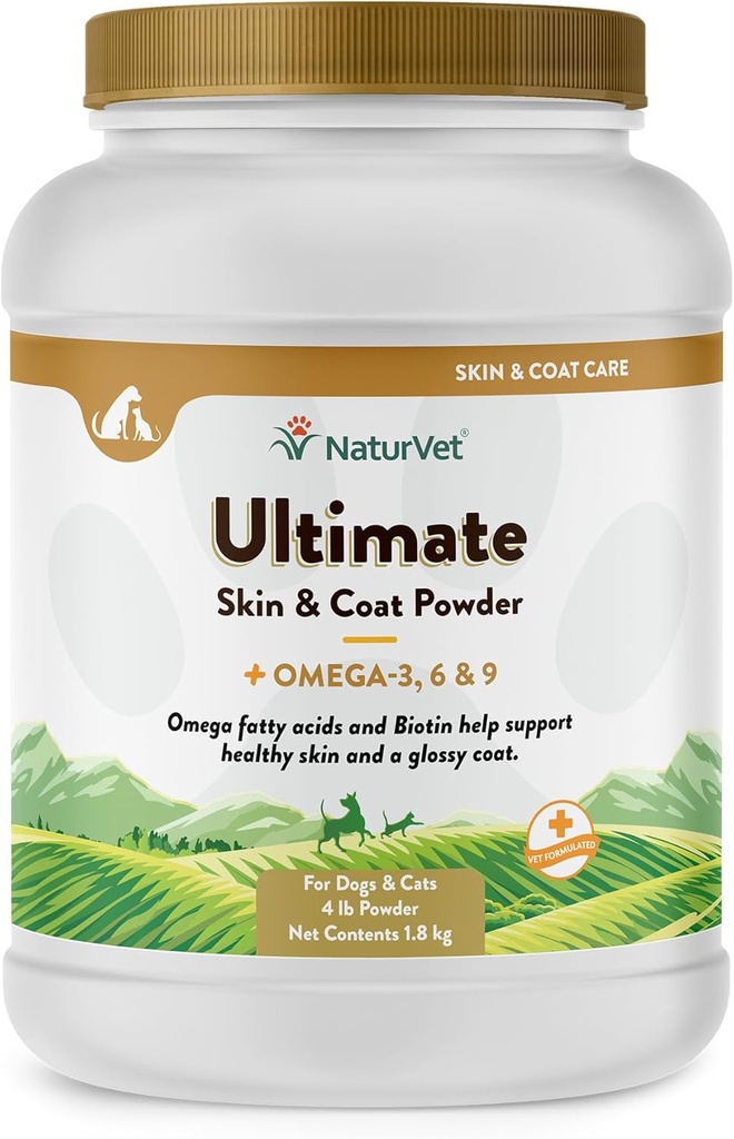NaturVet Ultimate Skin & Coat Powder Pet Supplement for Hunde & Katte - Inkluderer Omegas 3, 6, 9, Biotin, Vitaminer - For Sunde Hund Coats, Kat Skin - Tasty Food Topper for Kæledyr - 4 lbs.