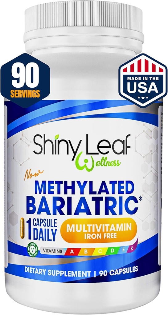 Shiny Leaf Methylerede Bariatric Multivitamin uden jern - Vitaminer til Gastrisk bypass & Ærme, 1 Daily Capsule W Methylerede Folate, B12, A, C, D, K & More. Vegetarisk, Soy- Free, USA Made (90 Ct.)