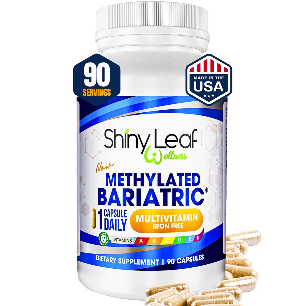 Shiny Leaf Methylerede Bariatric Multivitamin uden jern - Vitaminer til Gastrisk bypass & Ærme, 1 Daily Capsule W Methylerede Folate, B12, A, C, D, K & More. Vegetarisk, Soy- Free, USA Made (90 Ct.)