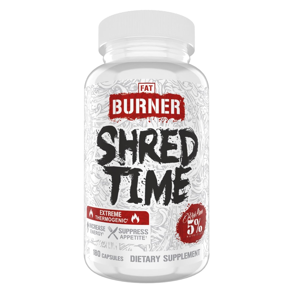 5% Nutrition Shred Time Fat Burner Beeg 124; Green Tea, Coffee Bean, Cayenne, Theobromin, GBB Beeg 124; Appetital Suppression Beeg 124; 30 Servering (180 kapsler)