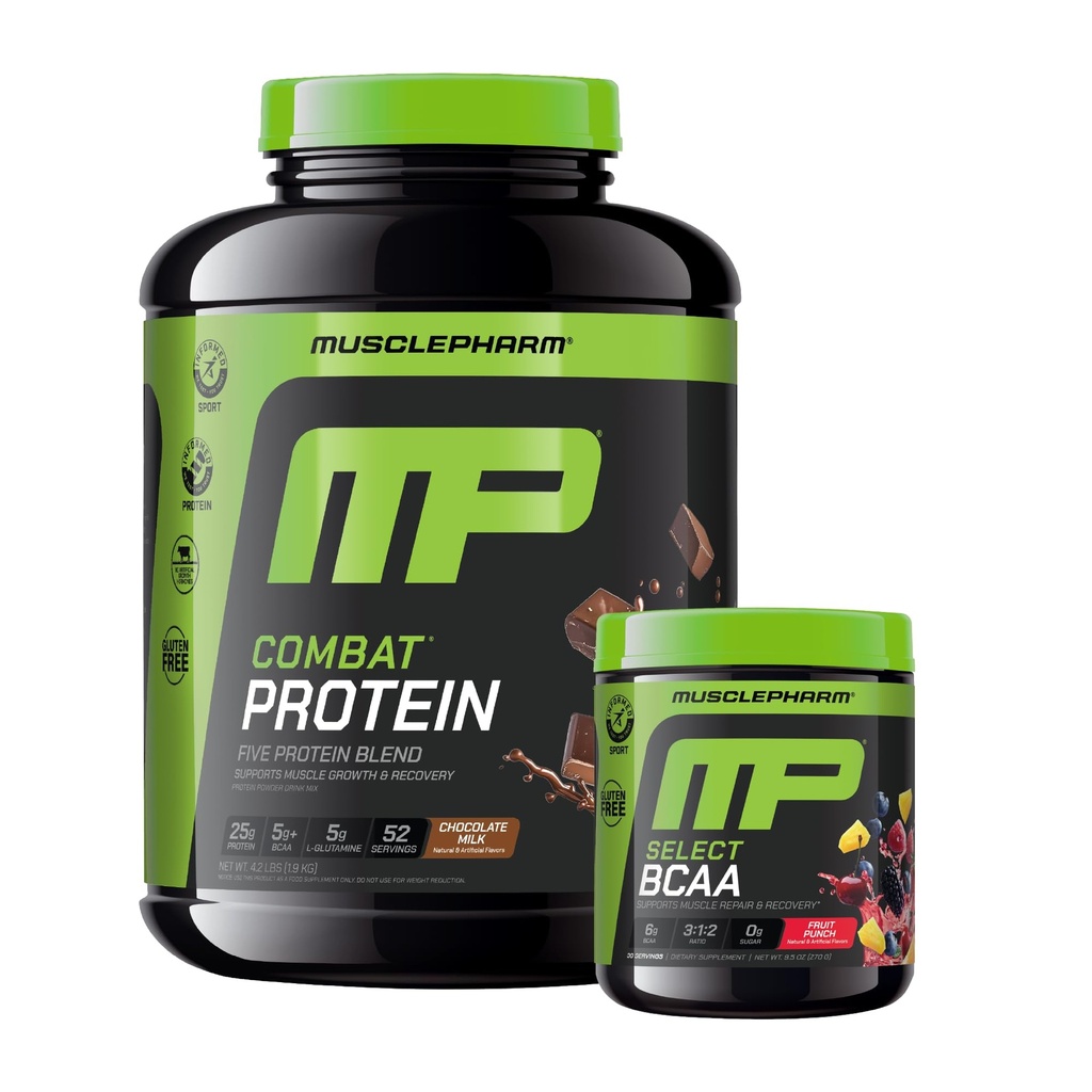 Muscle Pharm Combat 4lb Chocolate Protein and MusclePharm Fruit Punch BCAA's