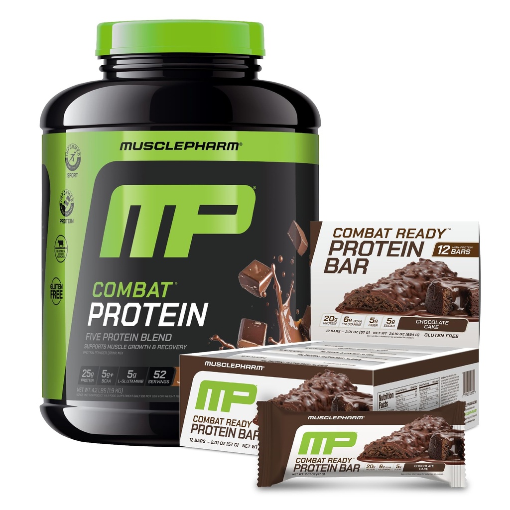 Muscle Pharm Combat Protein 4lb Chocolate Milk and Combat Sport Bars Chocolate Cake