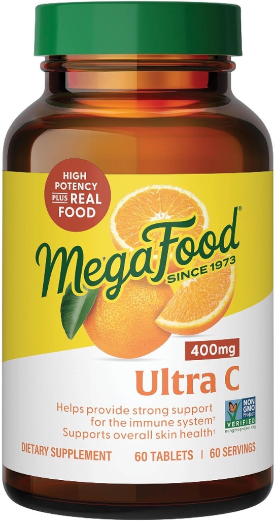 MegaFood Ultra C 400 mg - Vegansk immunforsvar supplement med C-vitamin, Lavet med rigtige fødevarer herunder Broccoli, Gulerod, Tranebær & Brown Rice, Gluten- Free, Kosher - 60 tabletter, 60 servering
