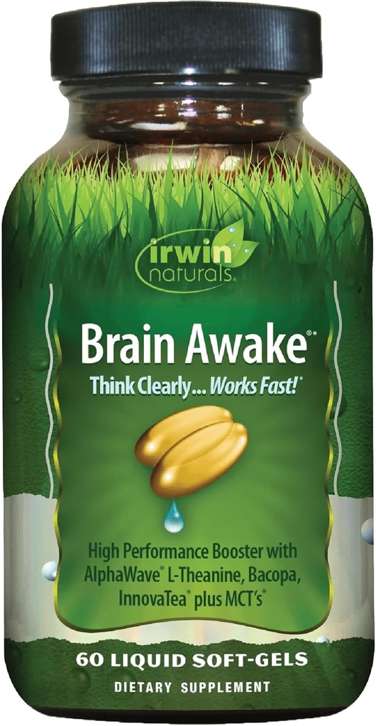 Irwin Naturals Brain Awake Enhanced Mental Performance, Increased Focus, Boost Clarity & Concentration - Powerful Nootropic Booster with L-Theanine, Bacopa, MCT's & InnovaTea - 60 Liquid Softgels