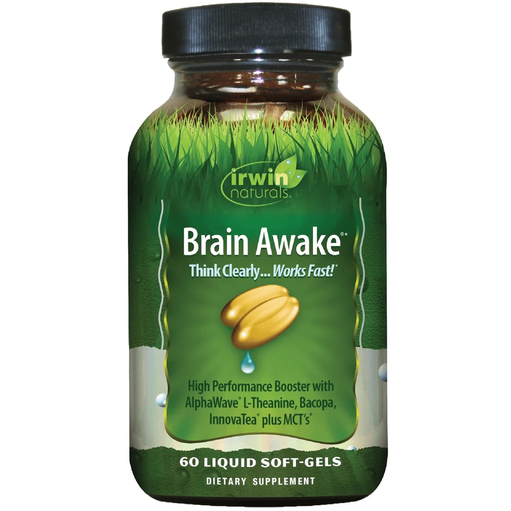 Irwin Naturals Brain Awake Forbedret mental ydeevne, øget fokus, Boost Klarhed & Koncentration - Kraftfuld Nootrop Booster med L- Theanine, Bacopa, MCT 's & InnovaTea - 60 Liquid Softels