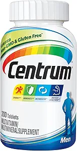 Centrum Multivitamin til mænd, Multivitamin / Multimineral supplement med vitamin D3, B Vitamin og antioxidanter, Gluten Free, Non- GMO ingredienser, Tablet, 200 Tæl