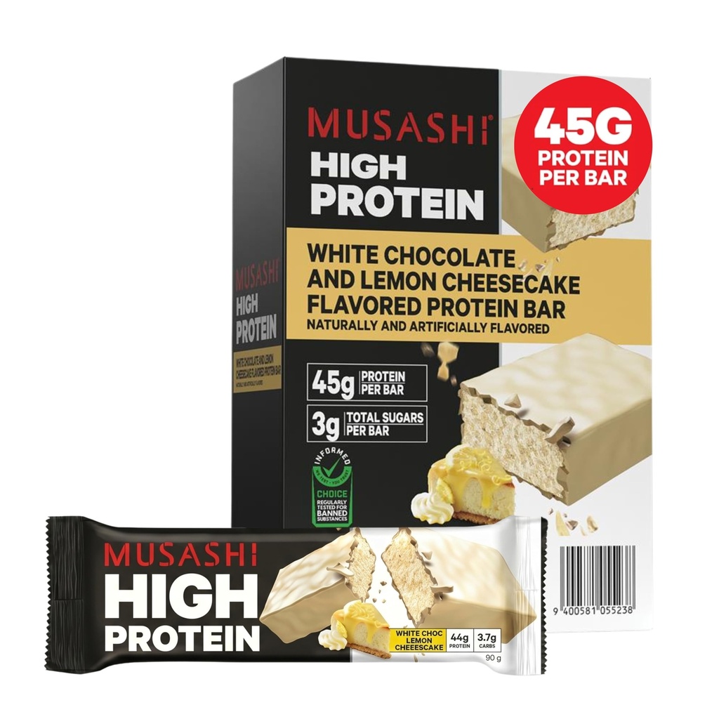 MUSASHI High Protein Bar, 44g Protein, 3.7g Total Sugars, Lemon Cheesecake, Post Workout and Protein Snack On The Go, 12 Pack of 3.2oz (90g) Bars